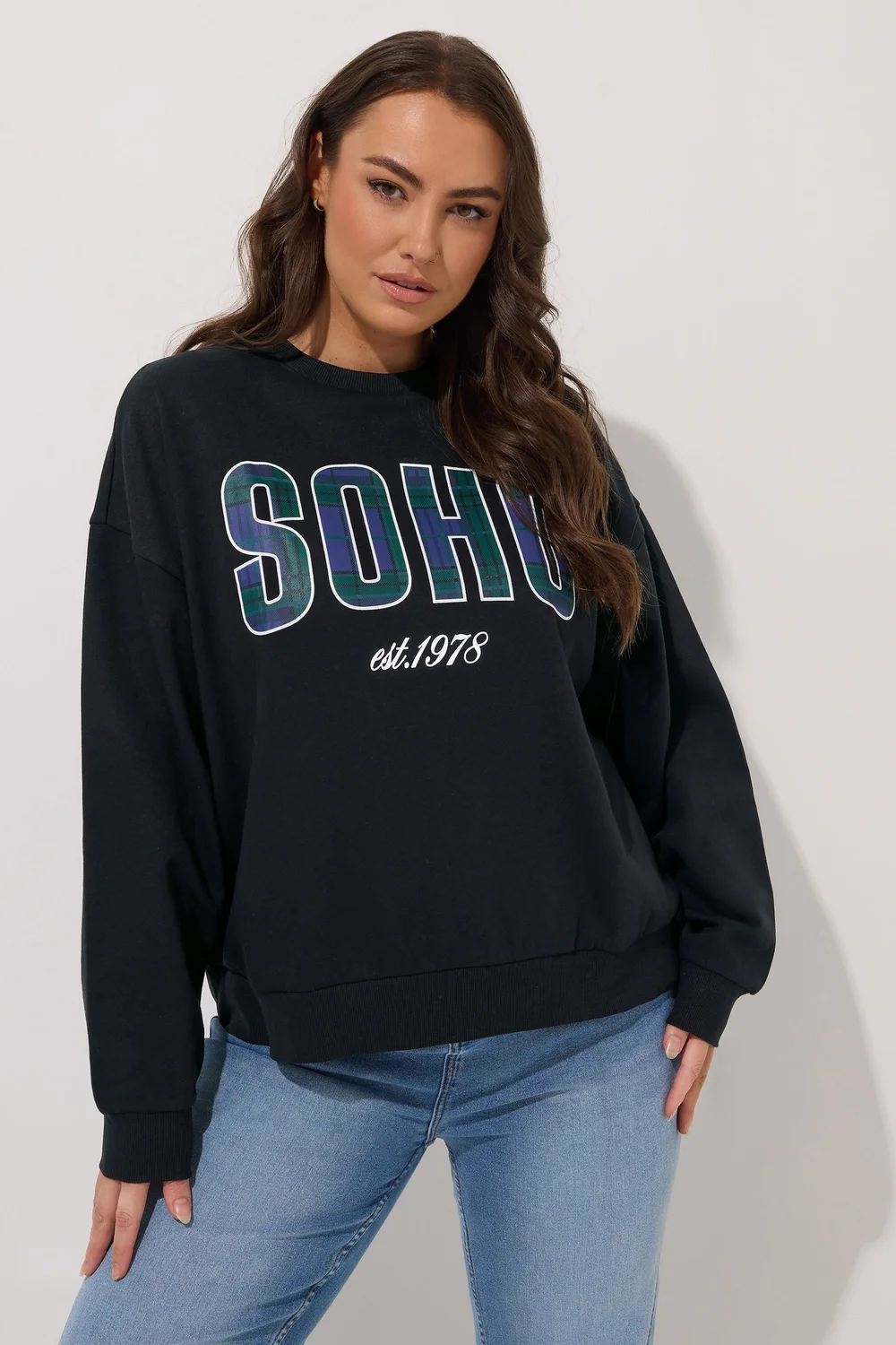 Yours Curve Black Check 'Soho' Sweatshirt - 18 Image 2