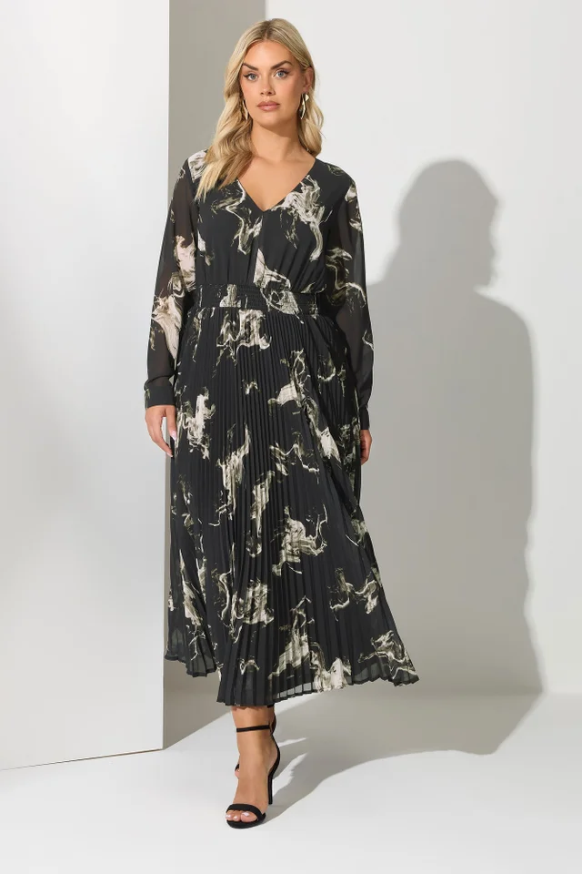 Yours London Curve Black Abstract Pleat V-Neck Maxi Dress