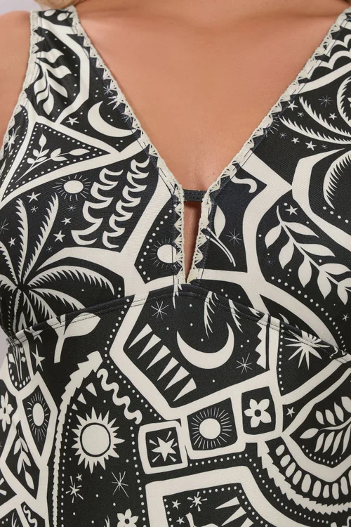 Yours Curve Black Postcard Blanket Stitch Plunge Swimsuit - Size 22 Image 4