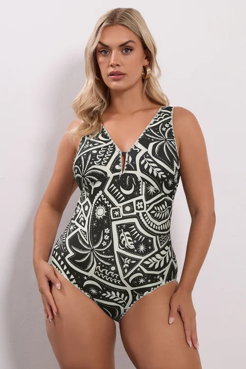 Yours Curve Black Postcard Blanket Stitch Plunge Swimsuit - Size 22 Image 1