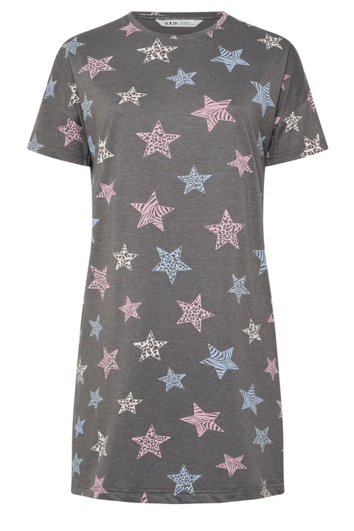 Yours Curve Grey Animal Star Print Sleep Tee Nightdress - Size 14-16 Image 5