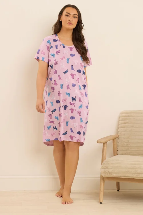 Yours 2 Pack Curve Pink & Blue Cat Print Nightdresses - Size 26-28 Clothing Image 3