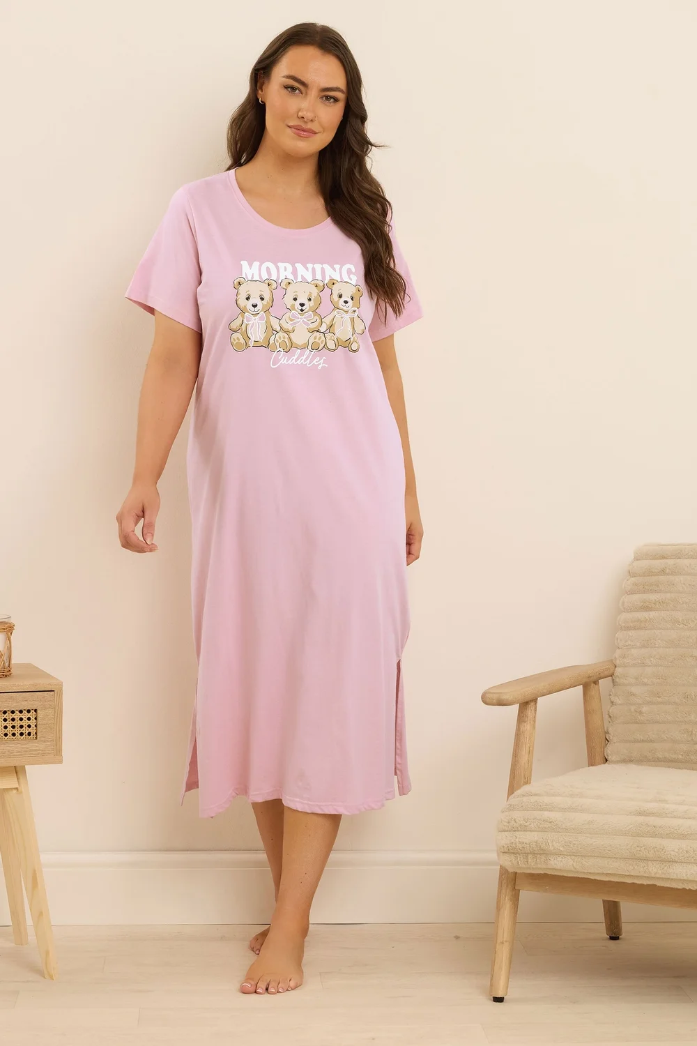 Yours Curve Pink 'Morning Cuddles' Teddy Print Midaxi Nightdress - Size 26-28 Clothing Image 2