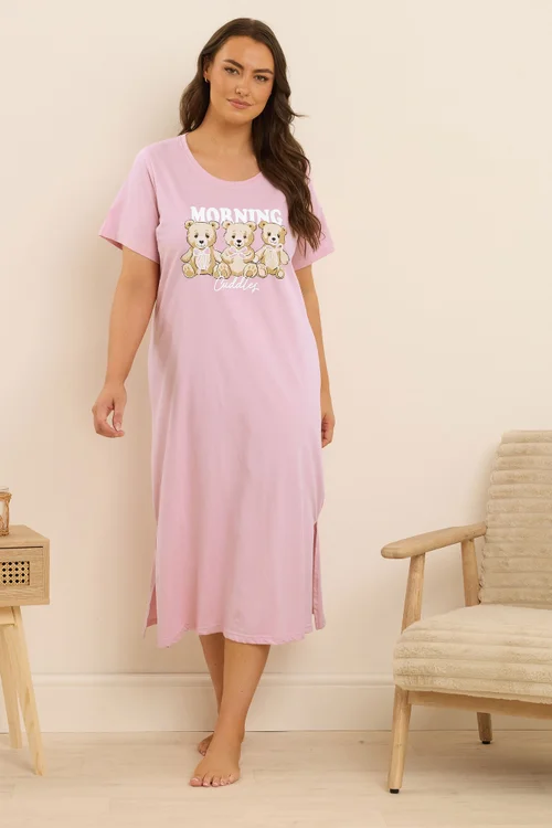 Yours Curve Pink 'Morning Cuddles' Teddy Print Midaxi Nightdress - Size 26-28 Clothing Image 2