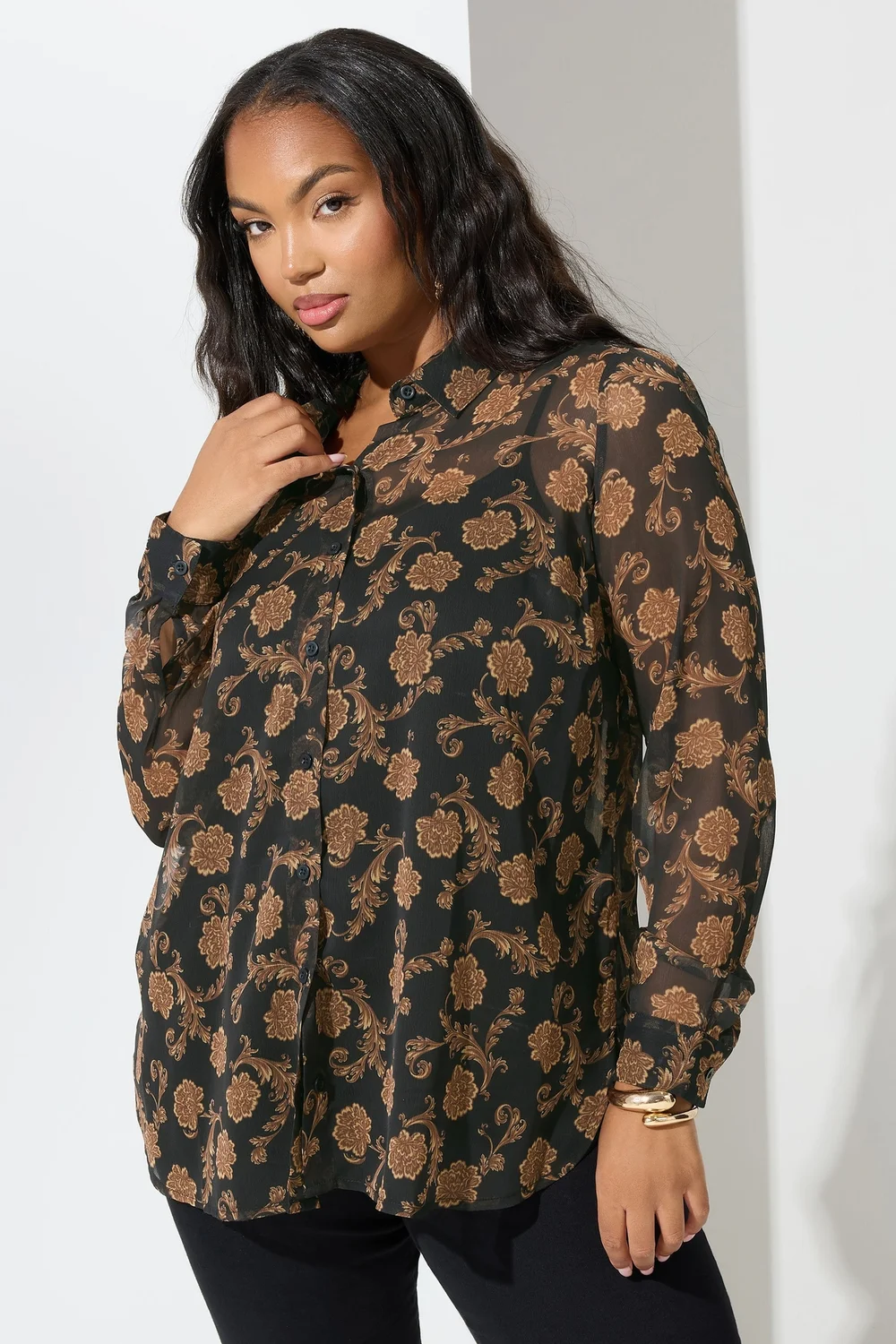 Yours London Curve Black & Gold Floral Chiffon Shirt - 30-32 Image 2