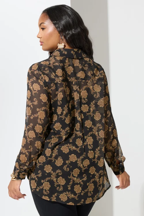 Yours London Curve Black & Gold Floral Chiffon Shirt - 30-32 Image 3