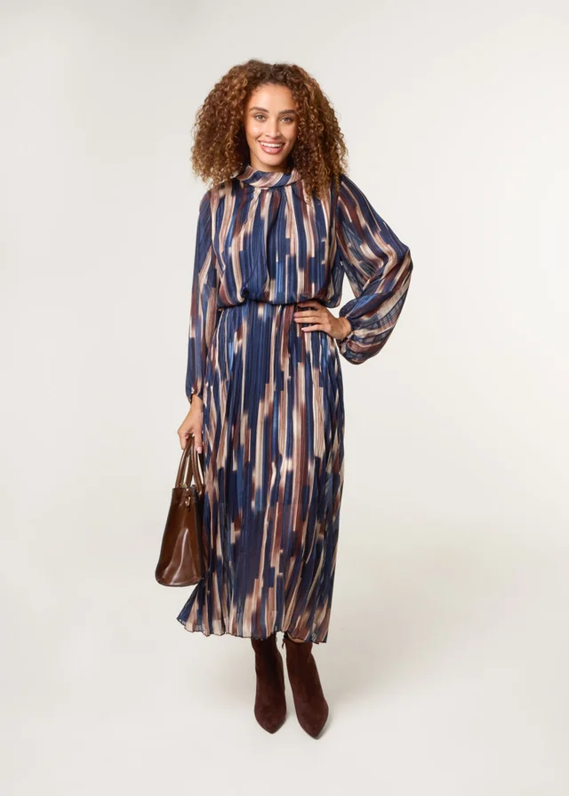 Blue Vanilla Navy High Neck Printed Dress With Elasticated Waist