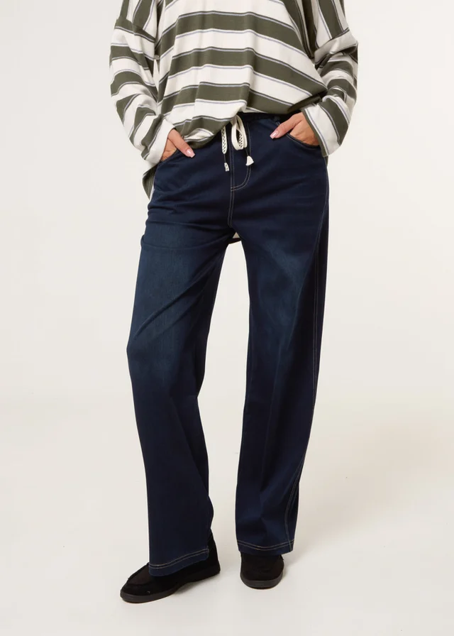 Blue Vanilla Navy Elasticated Waist Jeans With Tie