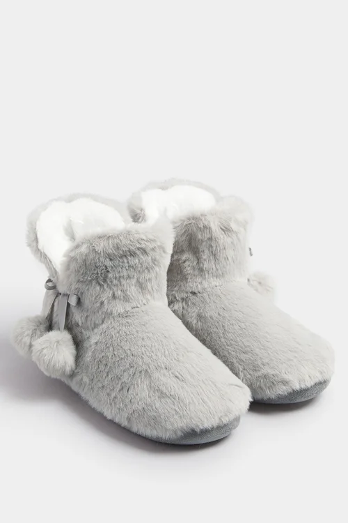 Yours Grey Pom Pom Faux Fur Boot Slippers - Size 7-8 Image 2