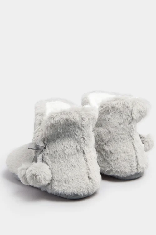 Yours Grey Pom Pom Faux Fur Boot Slippers - Size 7-8 Image 4