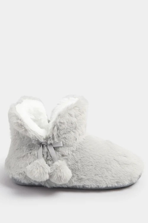 Yours Grey Pom Pom Faux Fur Boot Slippers - Size 7-8 Image 3