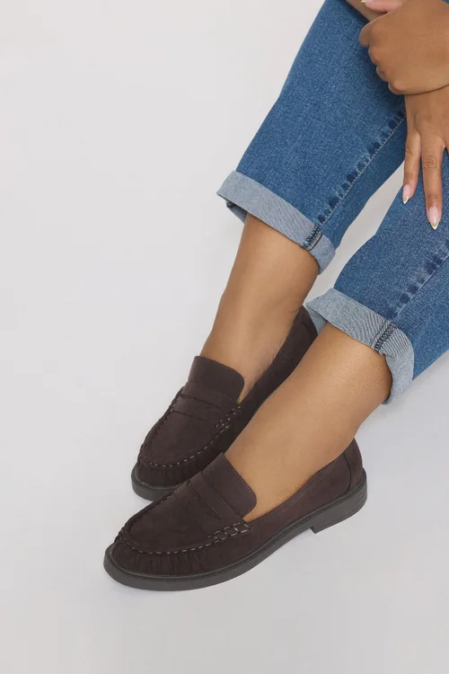 Yours Chocolate Brown Faux Suede Ruched Front Loafers In Extra Wide EEE Fit - 4 Extra Wide Image 2