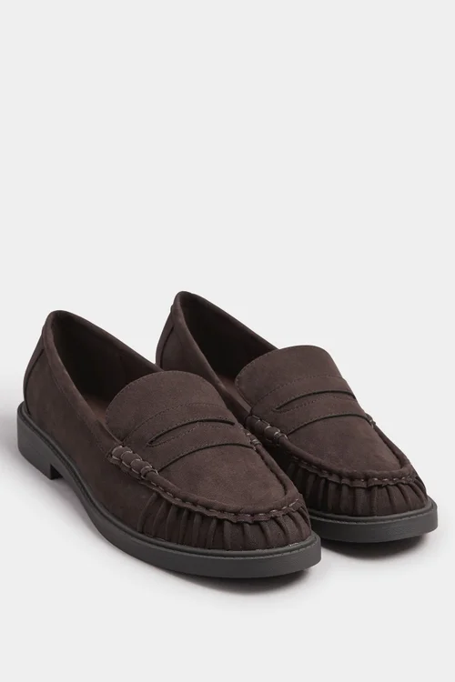 Yours Chocolate Brown Faux Suede Ruched Front Loafers In Extra Wide EEE Fit - 4 Extra Wide Image 3