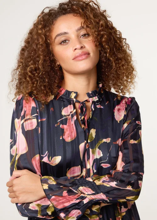 Blue Vanilla Black Tie Neck Floral Chiffon Smock Dress - S Image 3