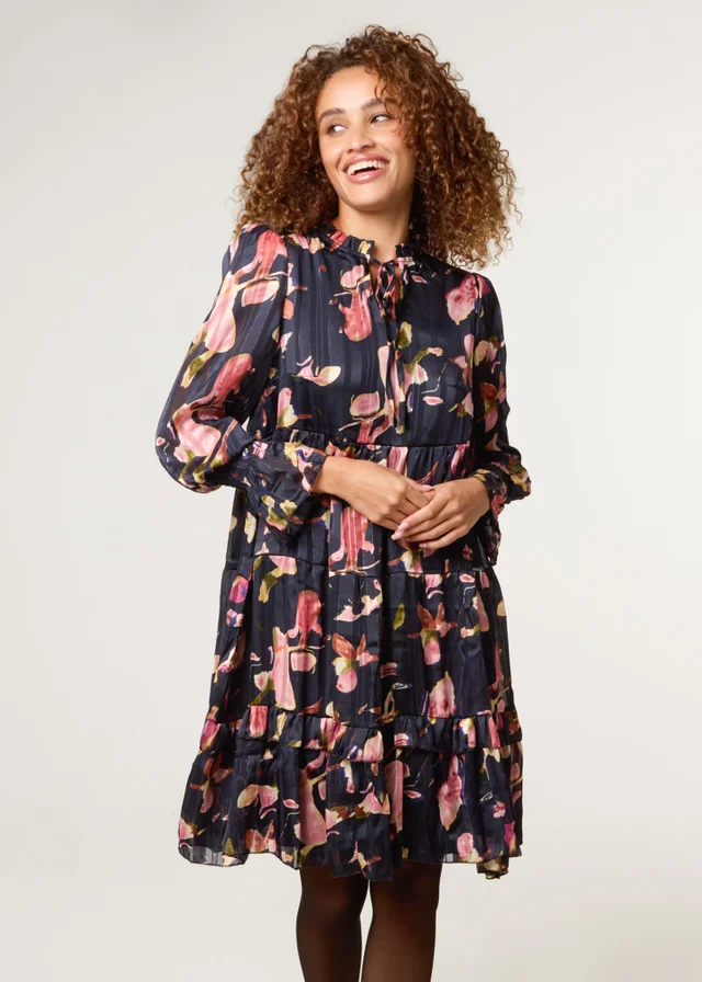 Blue Vanilla Black Tie Neck Floral Chiffon Smock Dress