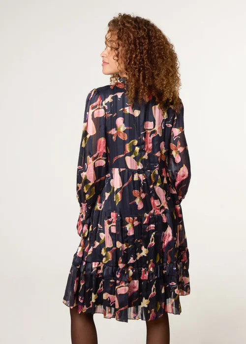 Blue Vanilla Black Tie Neck Floral Chiffon Smock Dress - S Image 4