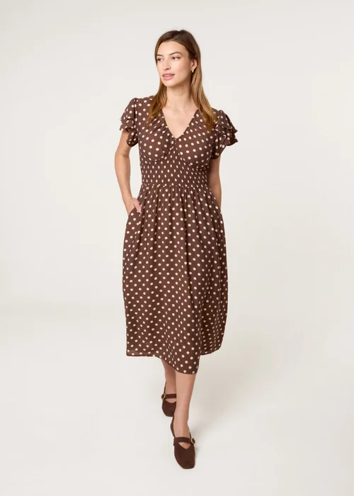 Blue Vanilla Brown Polka Dot Double Frill Shirred Midi Dress - L Image 3