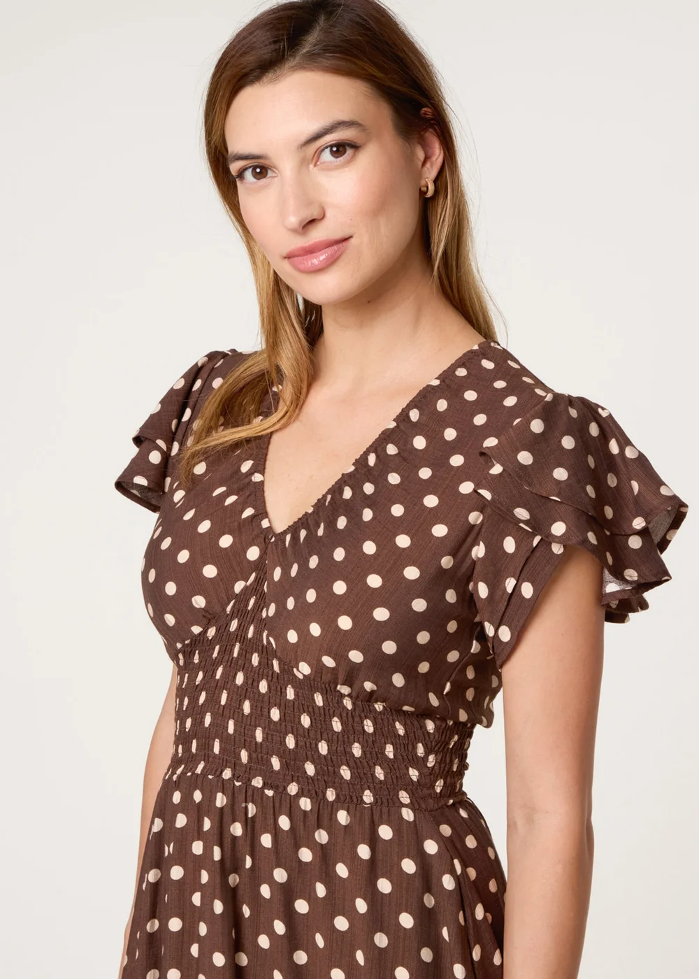 Blue Vanilla Brown Polka Dot Double Frill Shirred Midi Dress - L Image 2