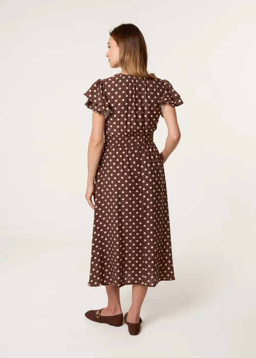Blue Vanilla Brown Polka Dot Double Frill Shirred Midi Dress - L Image 4