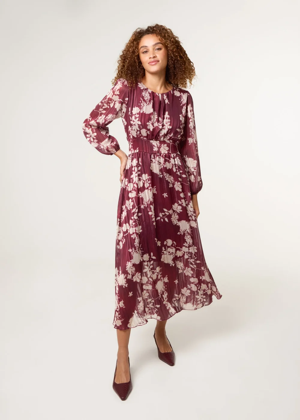 Blue Vanilla Burgundy Scoop Neck Floral Metallic Dress With Elasticated Waist - S Image 2