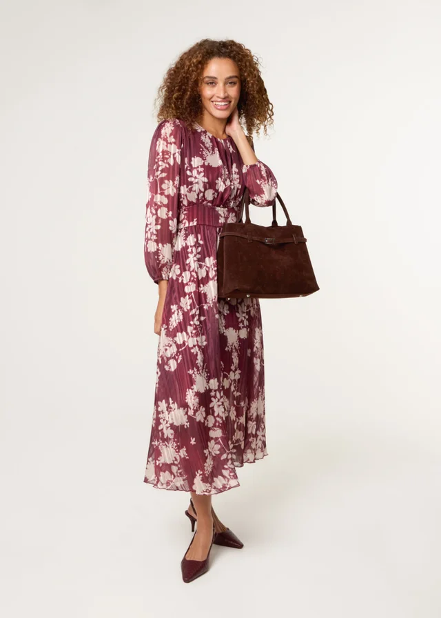 Blue Vanilla Burgundy Scoop Neck Floral Metallic Dress With Elasticated Waist