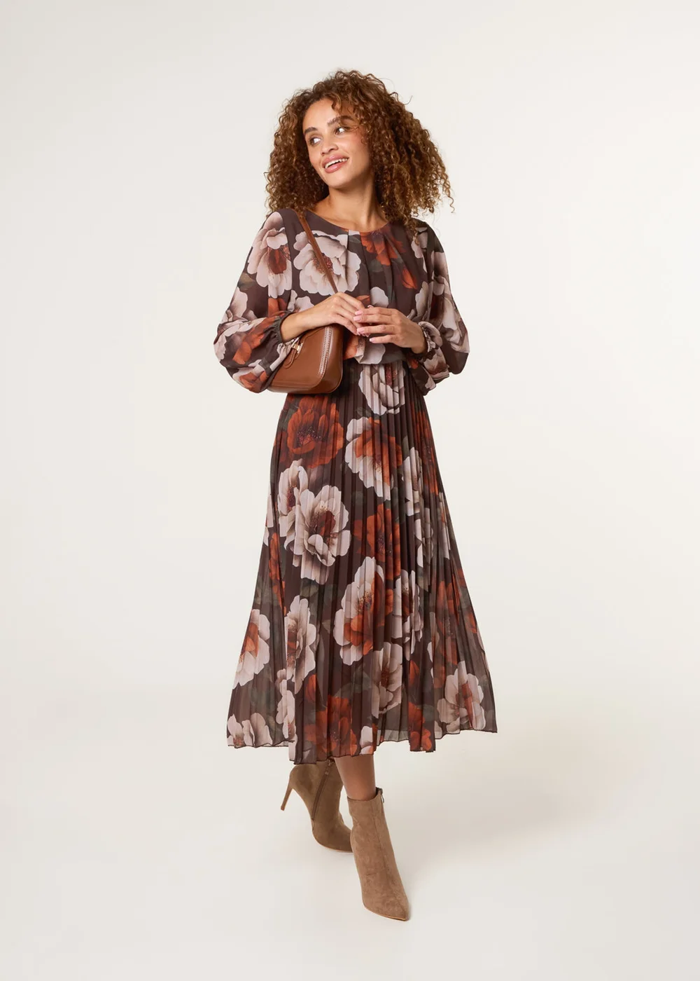 Blue Vanilla Brown Large Watercolour Floral Scoop Neck Puffball Pleated Dress - S Image 2