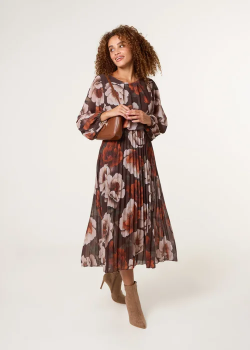 Blue Vanilla Brown Large Watercolour Floral Scoop Neck Puffball Pleated Dress - S Image 2