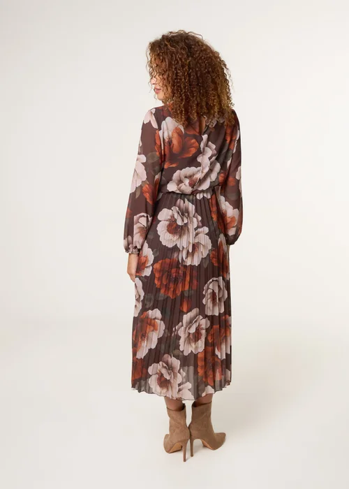 Blue Vanilla Brown Large Watercolour Floral Scoop Neck Puffball Pleated Dress - S Image 4