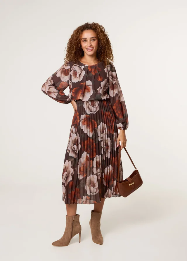 Blue Vanilla Brown Large Watercolour Floral Scoop Neck Puffball Pleated Dress