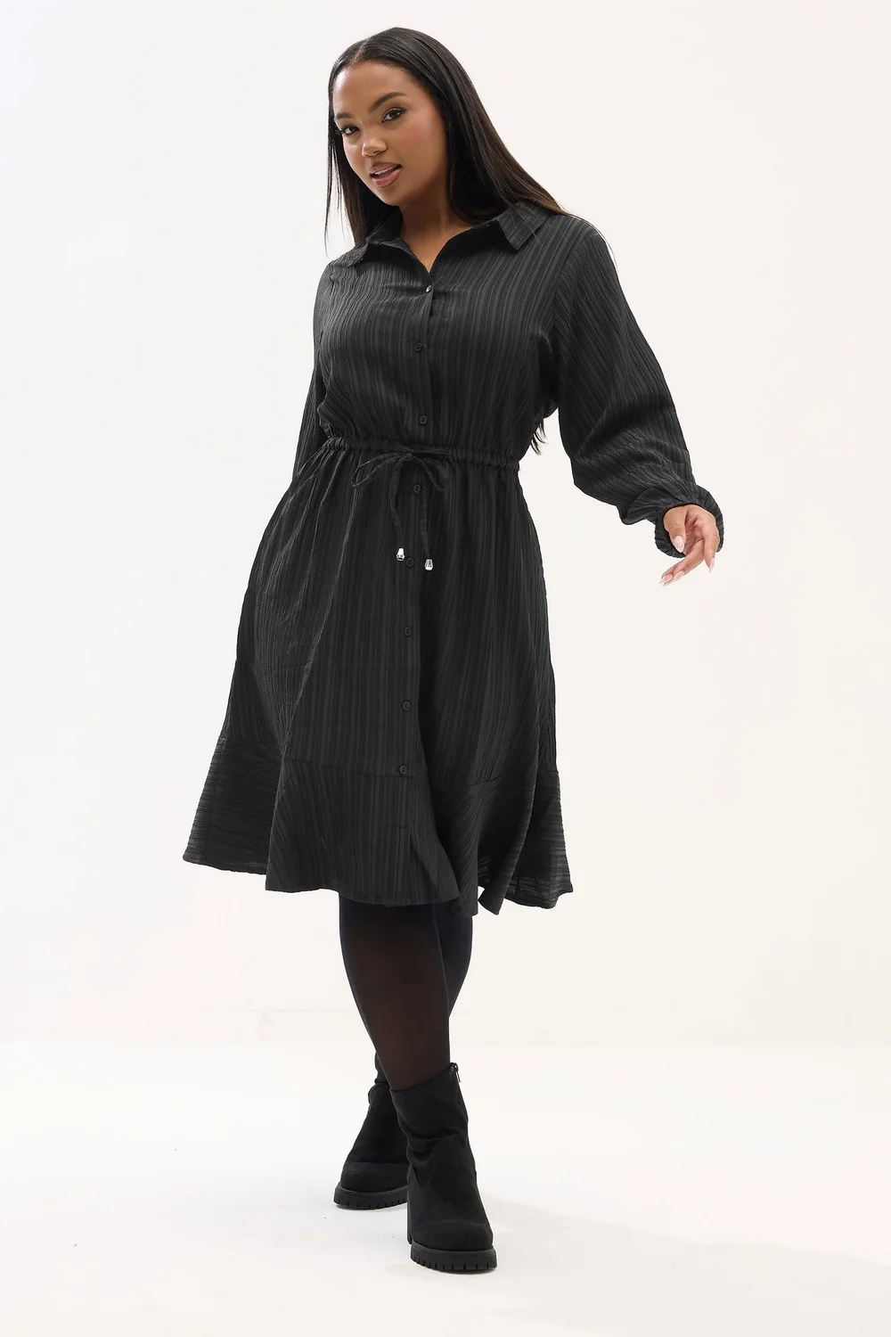 Yours Curve Black Textured Stripe Shirt Dress - 20 Image 2