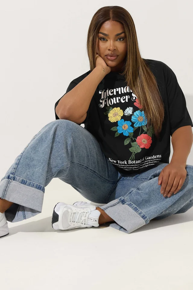 Yours Limited Curve Black 'Flower Show' Graphic T-Shirt