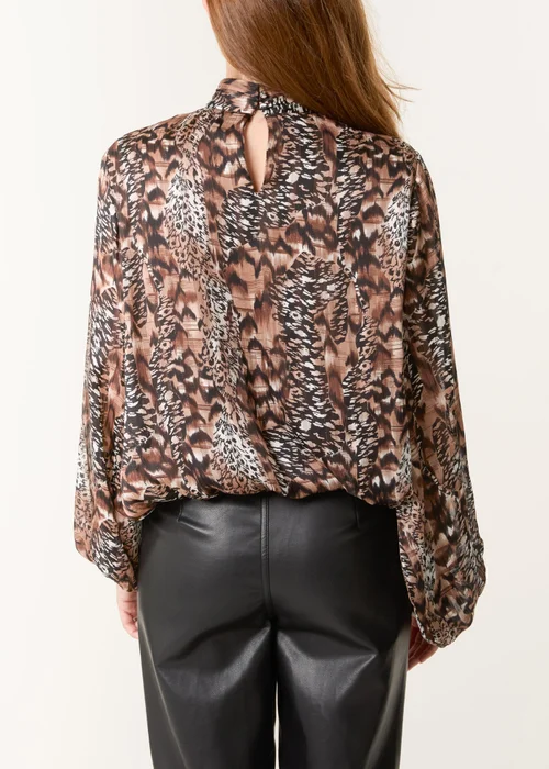 Blue Vanilla Brown Multi Animal Print Bubble Hem High Neck Blouse - Small Image 4