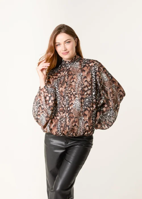 Blue Vanilla Brown Multi Animal Print Bubble Hem High Neck Blouse - Small Image 3