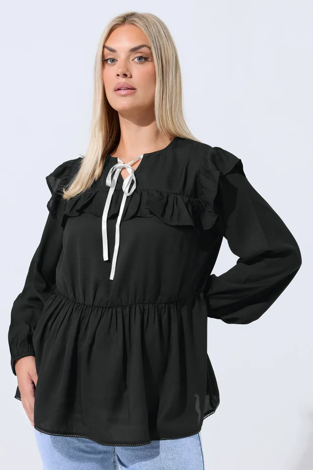 Yours Limited Curve Black Tie Neck Frill Blouse