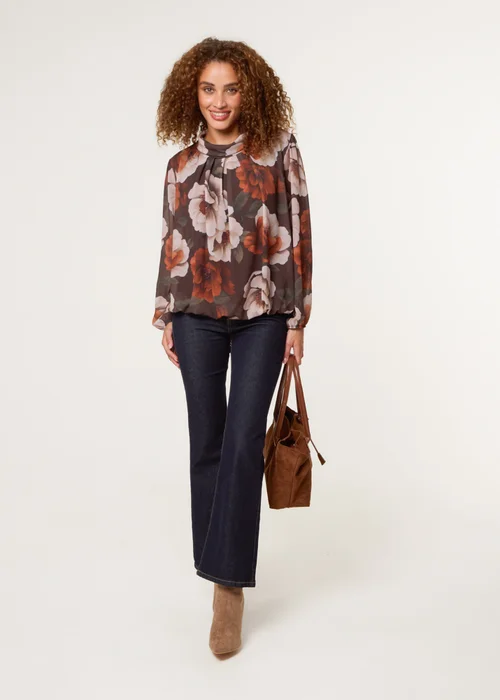 Blue Vanilla Brown Large Watercolour Floral Cowl Neck Puffball Blouse - Small/Medium Image 2