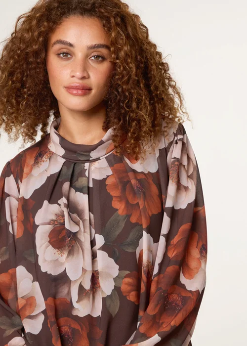 Blue Vanilla Brown Large Watercolour Floral Cowl Neck Puffball Blouse - Small/Medium Image 3