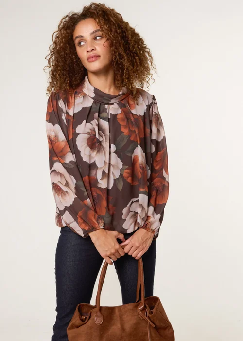 Blue Vanilla Brown Large Watercolour Floral Cowl Neck Puffball Blouse - Small/Medium Image 1