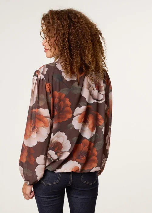 Blue Vanilla Brown Large Watercolour Floral Cowl Neck Puffball Blouse - Small/Medium Image 4