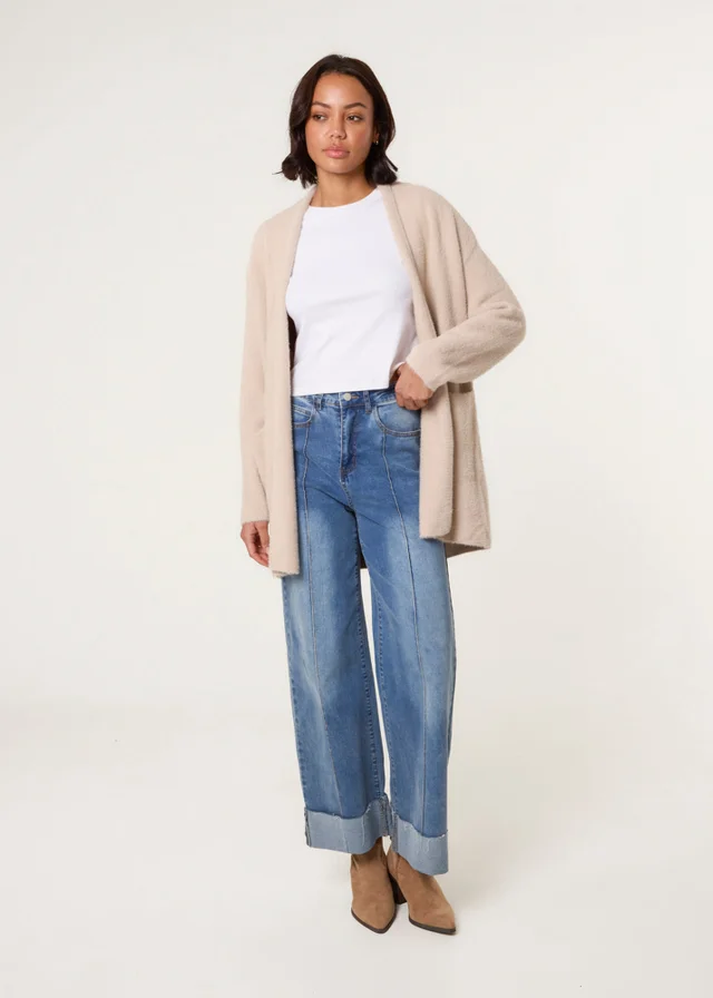 Blue Vanilla Beige Fluffy Fleece Open Midi Cardigan