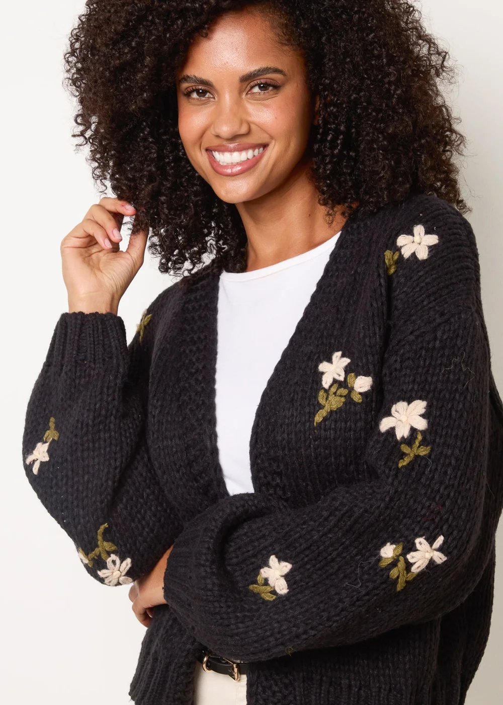 Blue Vanilla Black Flower Embroidery Detailed Cardigan - S/M Image 1