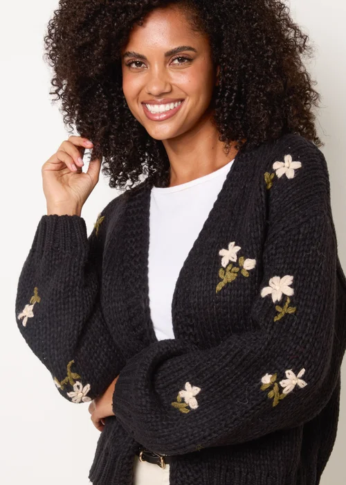 Blue Vanilla Black Flower Embroidery Detailed Cardigan - S/M Image 1
