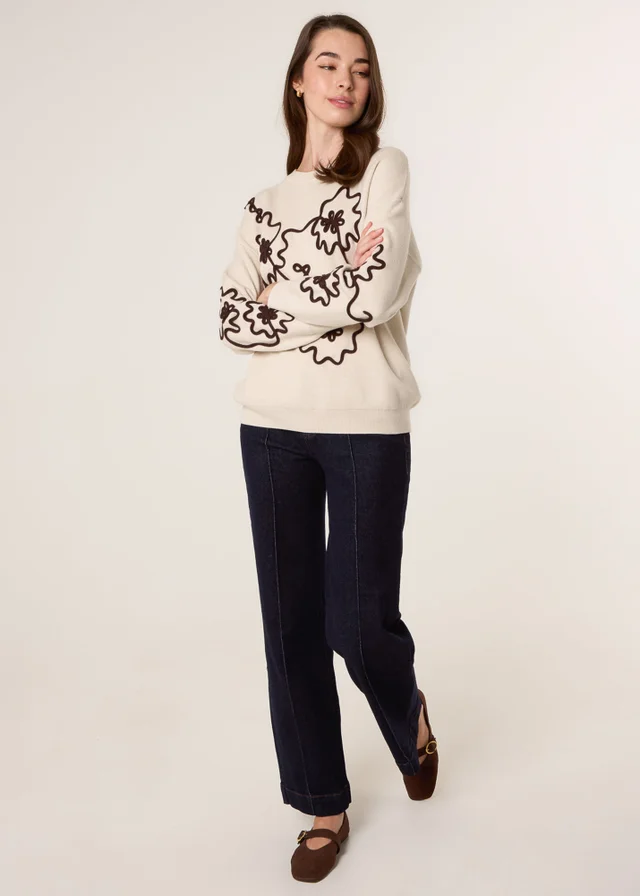 Blue Vanilla Beige Floral Embroidery Detailed Jumper