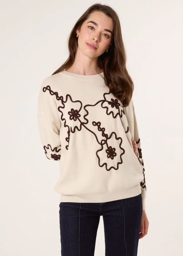 Blue Vanilla Beige Floral Embroidery Detailed Jumper