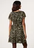Blue Vanilla Brown Animal Print Frill V Neck Mini Mesh Dress - S Image 4