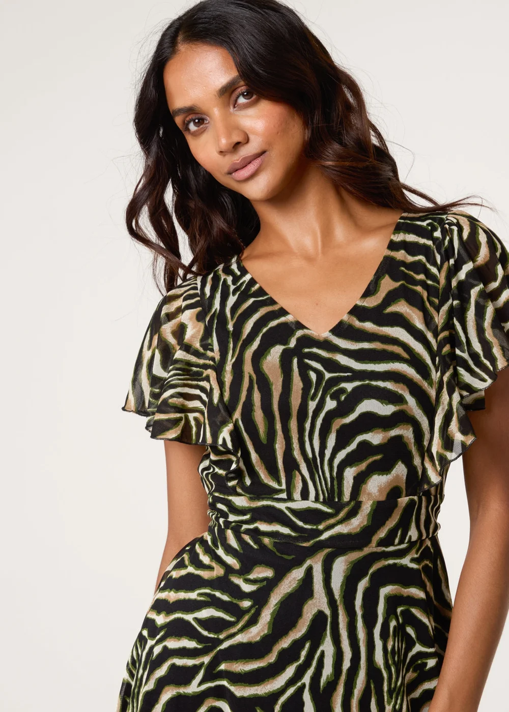 Blue Vanilla Brown Animal Print Frill V Neck Mini Mesh Dress - XL Image 3