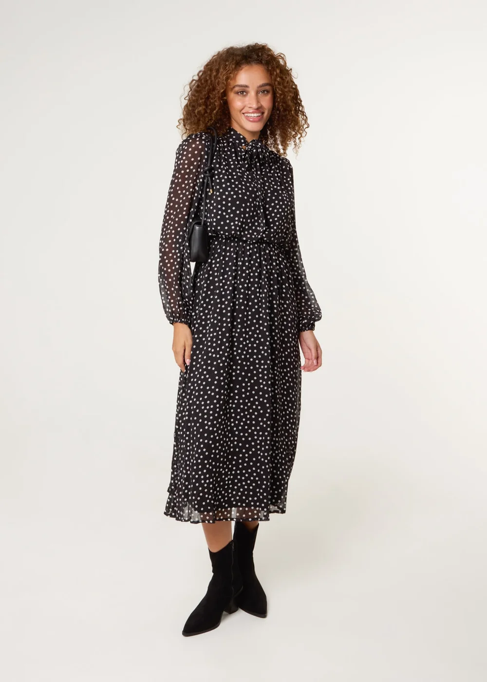 Blue Vanilla Black Polka Dot Tie Neck Midi Dress - Extra Large Image 2