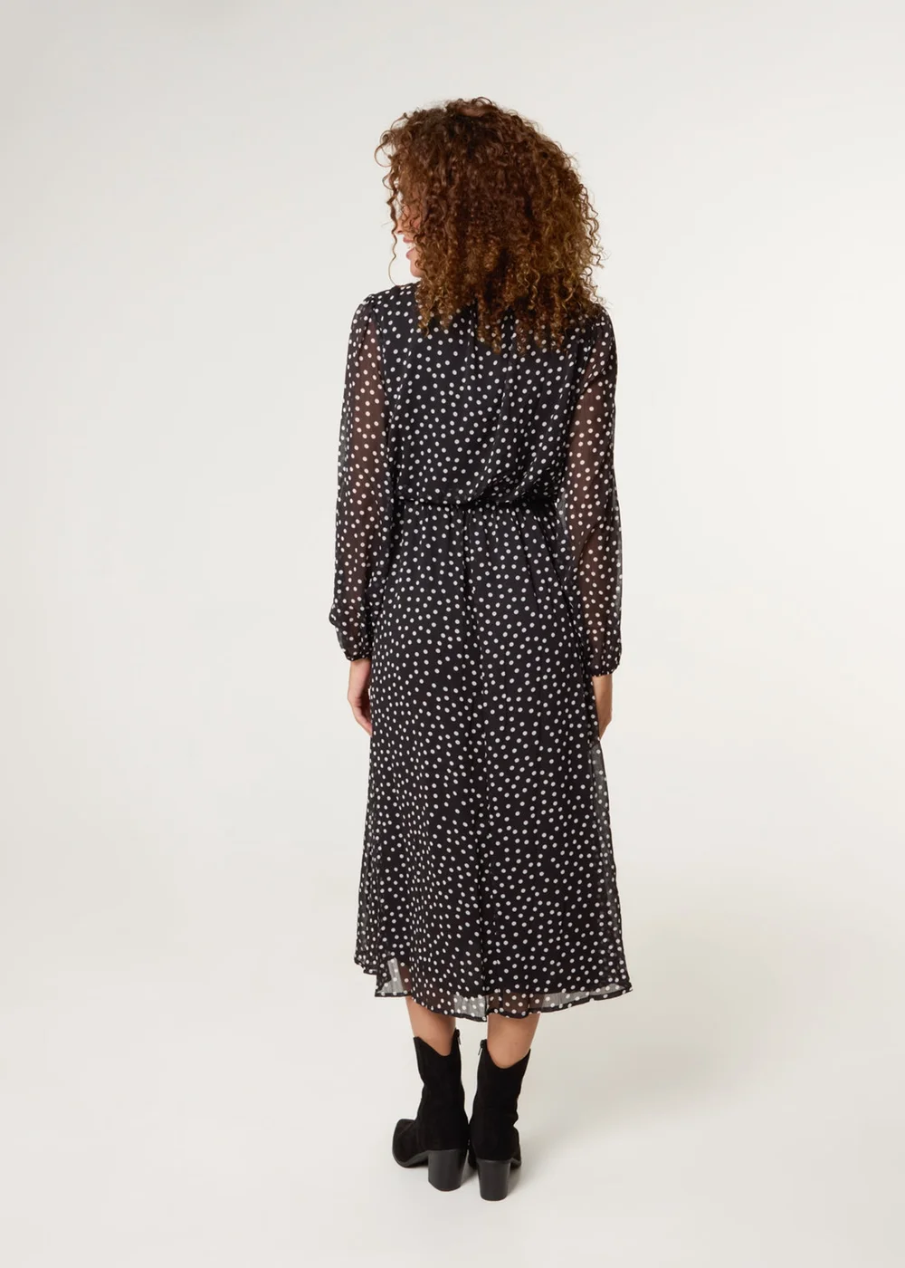 Blue Vanilla Black Polka Dot Tie Neck Midi Dress - M Image 4