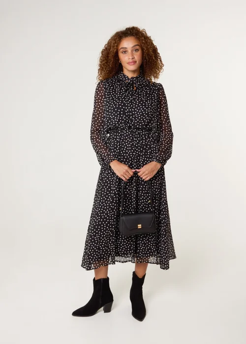 Blue Vanilla Black Polka Dot Tie Neck Midi Dress - Extra Large Image 4