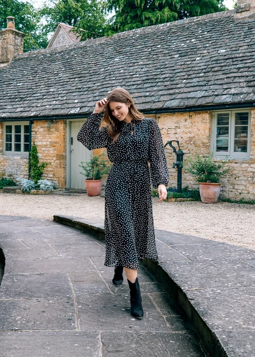 Blue Vanilla Black Polka Dot Tie Neck Midi Dress - Extra Large Image 1