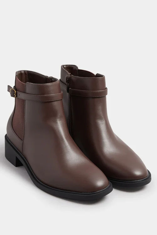Yours Chocolate Brown Faux Leather Buckle Stretch Ankle Boots In Extra Wide EEE Fit - 5 Extra Wide Image 2